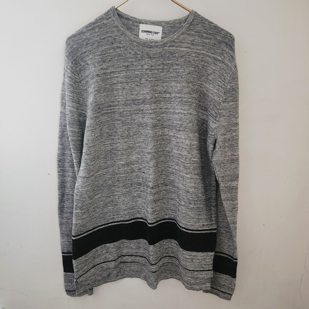 Cedarwood State Mens Gray Striped Long Sleeve Cotton Knit Sweater Medium